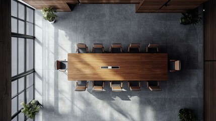 Poster - Overhead perspective of a spacious meeting room interior with a large wooden table and evenly spaced chairs