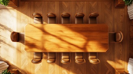 Poster - Overhead perspective of a spacious meeting room interior with a large wooden table and evenly spaced chairs