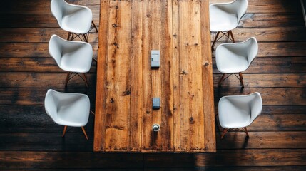 Poster - Overhead shot of an office meeting room featuring a sleek wooden table and aligned chairs for collaboration.