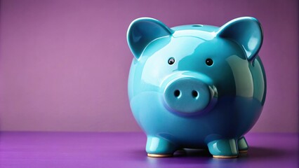 Extreme close-up shot of an Alice Blue piggy bank on a purple background