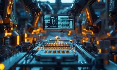 Aufkleber - Two robotic arms working on a production line, with a screen displaying data in the foreground. The background is blurred, and the scene is lit with warm, yellow lights.