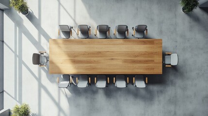 Poster - Top view of a corporate meeting room setup with a long wooden table and evenly spaced chairs.