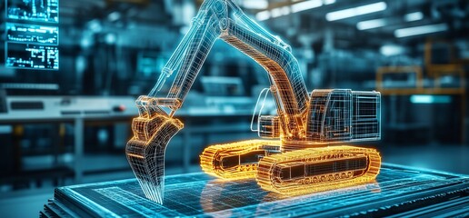 Aufkleber - Wireframe excavator model on a digital table.