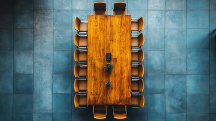 Poster - Top view of a corporate meeting room setup with a long wooden table and evenly spaced chairs.