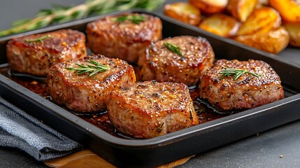 Succulent herb-infused grilled meat medallions accompanied by crispy roasted potatoes and fresh rosemary garnish for a delectable dining experience