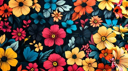 Poster - Colorful floral pattern is displayed on a black background. The flowers are arranged in a way that creates a sense of movement and depth. The colors are bright and vibrant