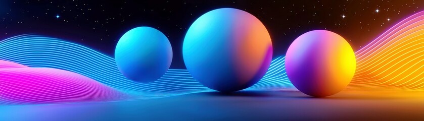 Poster - Vibrant 3D Spheres with Colorful Waves in Background