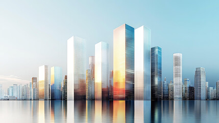 Wall Mural - Modern city business centre at sunset, office and residential area by the water