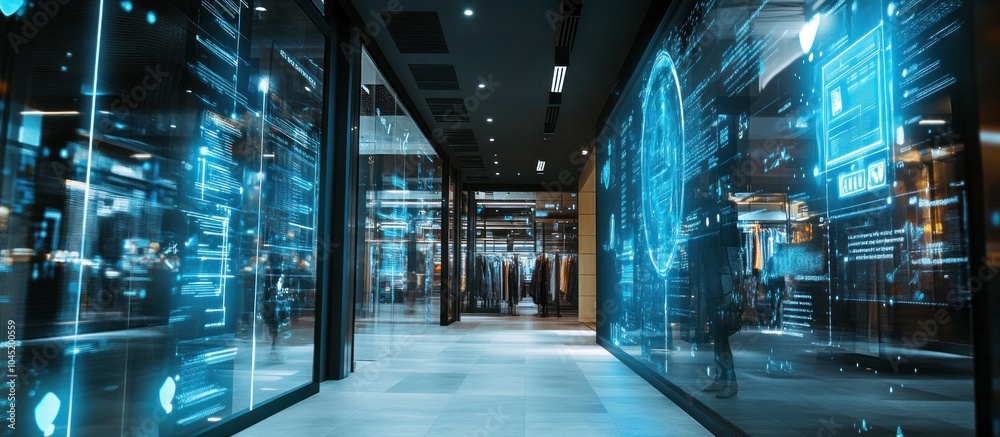 Modern retail store with digital displays showcasing futuristic data ...