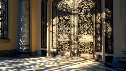 An ornate iron door glowing in the late afternoon light, with intricate shadows stretching out from its designs onto the floor. 