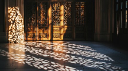 An ornate iron door glowing in the late afternoon light, with intricate shadows stretching out from its designs onto the floor. 