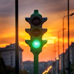 A traffic light with green light on the street in city against sunset sky