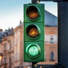 A traffic light with green light from the close view in the street 