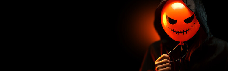 Closeup of a man holding an orange balloon with a scary face hiding his face under black hoodie, on a black dark and orange background with copy space. Halloween and Grim reaper concept. Generative Ai