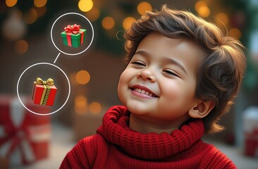 smiling little boy with closed eyes in a red sweater dreaming about gifts. Concept for holidays, Christmas, gifts, New Year