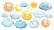 © Artfinity - Set of cute watercolor clouds and suns with a smiling moon, and weather concept. Adorable watercolor artwork featuring a set of fluffy clouds and glowing suns, all with endearing smiles