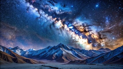 Snow mountain landscape at night with Milky Way