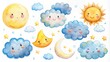 © Artfinity - Set of cute watercolor clouds and suns with a smiling moon, and weather concept. Adorable watercolor artwork featuring a set of fluffy clouds and glowing suns, all with endearing smiles