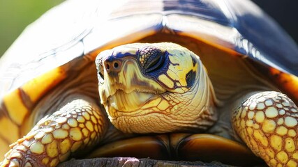 Aufkleber - A close-up of a turtle resting on a log in natural sunlight.