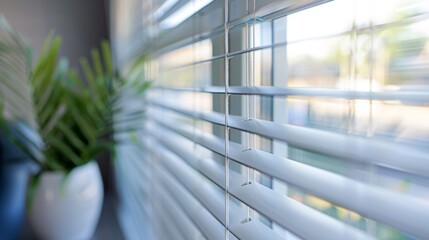 White window blinds are partially open, allowing soft, natural light to illuminate a room, creating a sense of calm and tranquility