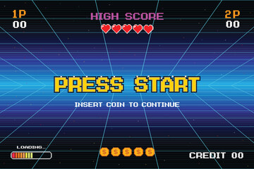 PRESS START INSERT A COIN TO CONTINUE .pixel art .8 bit game. retro game. for game assets .Retro Futurism Sci-Fi Background. glowing neon grid. and stars from vintage arcade computer games