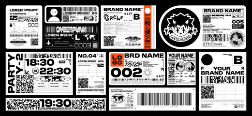 brutalism label design pack. futuristic assets for streetwear, event tickets and apparel branding. r