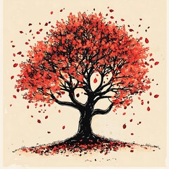 Poster - A single tree with red leaves falling in the wind.