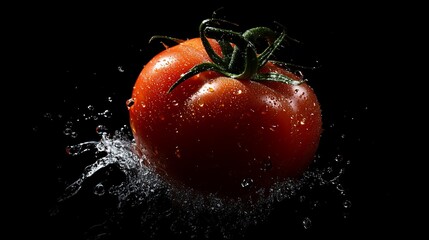 Wall Mural - A single, ripe tomato with water droplets on it, splashing into a black background.