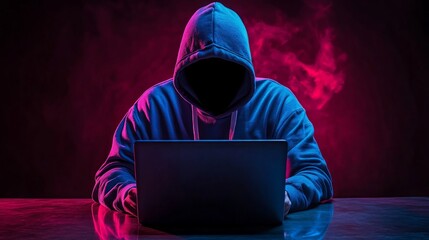 An anonymous person in a hooded sweatshirt sits in front of a laptop with a dark background and pink and blue smoke.