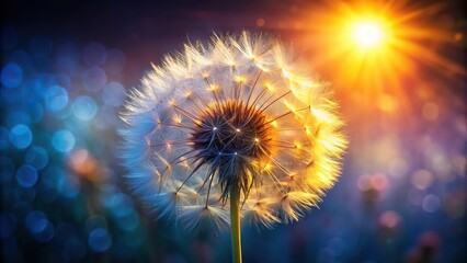 Fluffy dandelion in sunlight creating colorful blur on dark background