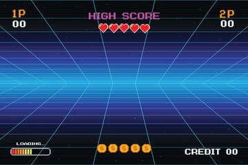 Leinwandbilder - Pixel art .8 bit game. retro game. for game assets .Retro Futurism Sci-Fi Background. glowing neon grid. and stars from vintage arcade computer games