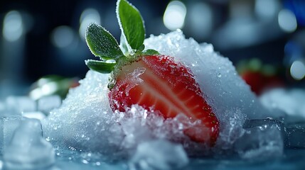 Wall Mural - A single strawberry, half-cut, sits in a bed of ice with its green leaves peeking out, creating a refreshing summer image.