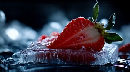 Wall Mural - Close-up of a fresh strawberry on a bed of ice, with a dark background.