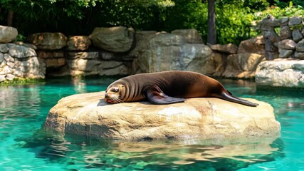 Aufkleber - A sea lion resting on a rock in a clear blue pool surrounded by greenery.