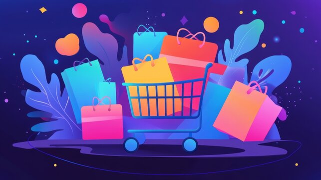Eye-catching sale banner featuring a full cart, perfect for online shopping ads and flash discounts.