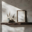 © studio XL - wooden frame mockup in the living room, beige wall background with coffee table, sun shadow, minimalist soft style