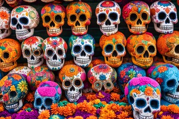 Colorful sugar skulls in a vibrant market stall surrounded by traditional da de muertos decoration, Ai Generated