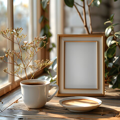 Wall Mural - Photo wood frame mockup with sun light, near the window and tea