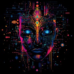 Fototapete - Abstract digital portrait with glowing eyes and a circuit board design.