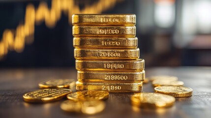 Poster - Gold bars stacked high representing increasing wealth with stock market graph showing growth in background