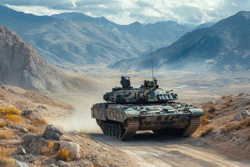 Modern battle tank driving in desert mountain terrain