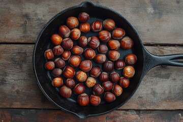 Hazelnuts resting in cast iron pan on rustic wooden table