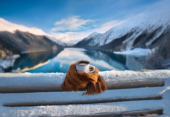 Poster - A steaming mug of coffee wrapped in a scarf rests on a snow-covered wooden rail overlooking a serene mountain lake.