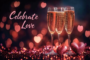 Celebrating love with sparkling wine and romantic bokeh background