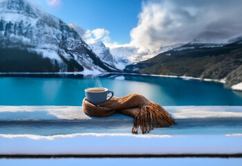 Poster - A steaming cup of coffee sits on a snow-covered ledge overlooking a serene mountain lake.