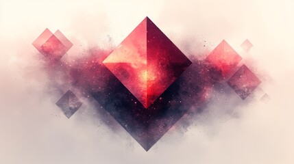 Poster - An abstract geometric design featuring a red pyramid surrounded by soft pastel colors and cosmic textures.