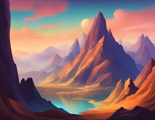 Sticker - illustration of the mountains and environment of another fantasy planet background