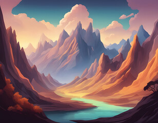 Sticker - illustration of the mountains and environment of another fantasy planet background