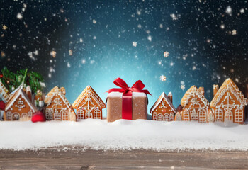 Aufkleber - Gingerbread houses with a red bow gift box in front of them, standing on a snowy wooden surface with falling snow in the background.