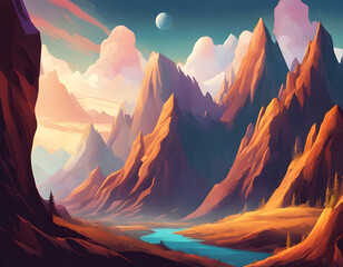 Poster - illustration of the mountains and environment of another fantasy planet background